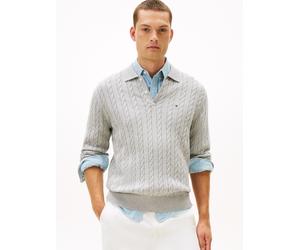 Polokragenpullover TOMMY HILFIGER "CLASSIC COTTON CABLE", Herren, Gr. XL, light grau heather, Strick, Obermaterial: 100% Baumwolle, regular fit, Rippbündchen, Pullover, mit Zopfmuster, regular fit (27