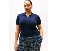 Polokragenpullover TOMMY HILFIGER CURVE "CRV CO CABLE FINE GG POLO S/S", Damen, Gr. 50, blau (schwarz night navy), Strick, Obermaterial: 100% Baumwolle, Zopfmuster, regular fit normal, ohne Ausschnitt