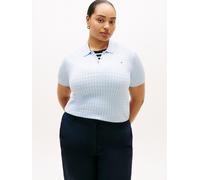Polokragenpullover TOMMY HILFIGER CURVE "CRV CO CABLE FINE GG POLO S/S", Damen, Gr. 52, blau (breezy blau), Strick, Obermaterial: 100% Baumwolle, Zopfmuster, regular fit normal, ohne Ausschnitt, Rippb