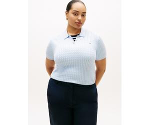Polokragenpullover TOMMY HILFIGER CURVE "CRV CO CABLE FINE GG POLO S/S", Damen, Gr. 52, breezy blau, Strick, Obermaterial: 100% Baumwolle, Zopfmuster, regular fit normal, ohne Ausschnitt, Rippbündchen