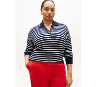 Polokragenpullover TOMMY HILFIGER CURVE "CRV CO CABLE FINE GG RLX POLO", Damen, Gr. 54, schwarz night navy, ivory petal stp, Strick, Obermaterial: 100% Baumwolle, gestreift, regular fit normal, ohne A