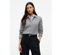 Polokragenpullover TOMMY HILFIGER "LS POLO CABLE SWEATER REG FIT", Damen, Gr. L (42/44), grau (medium grau heather), Strick, Obermaterial: 50% Wolle, 45% Polyamid, 5% Seide, meliert, normal, Rundhals,