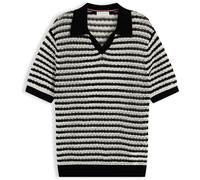 Polokragenpullover TOMMY HILFIGER "POINTELLE V-NK POLO SS", Damen, Gr. L (42/44), schwarz-weiß (schwarz, ivory petal stp), Strick, Obermaterial: 60% Baumwolle, 40% Nylon, gemustert, gestreift, mehrfar