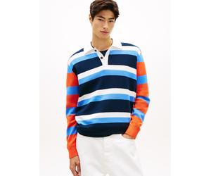 Polokragenpullover TOMMY JEANS "REGULAR RUGBY", Herren, Gr. XL, blau twilight, Strick, Obermaterial: 100% Baumwolle, gestreift, regular fit normal, Rundhals, eingesetzt abgesteppte Kante, Pullover, Re