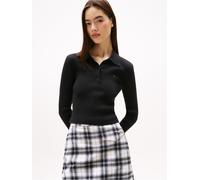 Polokragenpullover TOMMY JEANS "TJW ESSENTIAL POLO LS SWEATER", Damen, Gr. XS (34), schwarz, Strick, Obermaterial: 80% Baumwolle, 20% Polyamid, unifarben, regular fit, Pullover Polokragenpullover (494