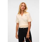 Polokragenpullover VERO MODA "VMGOLD CABLE SS POLONECK PULLOVER", Damen, Gr. S, birch detail:with navy peony emb, Strick, Obermaterial: 50% Viskose, 28% Polyester, 22% Nylon, unifarben, regular fit no