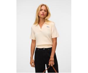 Polokragenpullover VERO MODA "VMGOLD CABLE SS POLONECK PULLOVER", Damen, Gr. XL, birch detail:with navy peony emb, Strick, Obermaterial: 50% Viskose, 28% Polyester, 22% Nylon, unifarben, regular fit n