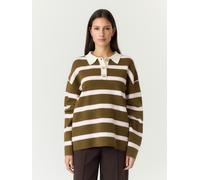 Polokragenpullover Y.A.S "YASISABELL LS POLO KNIT PULLOVER S. NOOS", Damen, Gr. L, braun (fir grün stripes:with stripes), Strick, Obermaterial: 50% Viskose, 28% Polyester, 22% Nylon, gestreift, regula