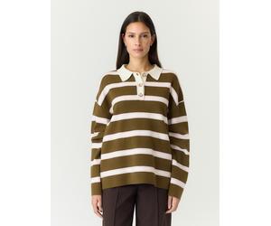 Polokragenpullover Y.A.S "YASISABELL LS POLO KNIT PULLOVER S. NOOS", Damen, Gr. M, braun (fir grün stripes:with stripes), Strick, Obermaterial: 50% Viskose, 28% Polyester, 22% Nylon, gestreift, regula
