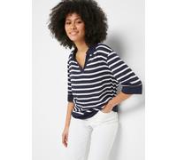 Poloshirt BONPRIX, Damen, Gr. 52/54 (XXL), blau (dunkelblau, weiß gestreift), Web, Obermaterial: 50% Baumwolle, 50% Viskose, gestreift, oversize normal, V-Ausschnitt, Bündchen, Shirts, mit Streifen Mu