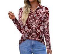 Poloshirt Damen Bluse Damen Elegant Langarm Poloshirt-Stil Locker Passform Langarmshirt V-Ausschnitt Classic Büro Oberteil L Red