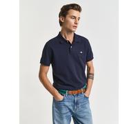 Poloshirt GANT "SLIM SHIELD SS PIQUE POLO", Herren, Gr. M, blau (evening blau), Jersey, Obermaterial: 100% Baumwolle, unifarben, slim fit hüftlang, hoch geschlossener Ausschnitt, Rippbündchen, Shirts,