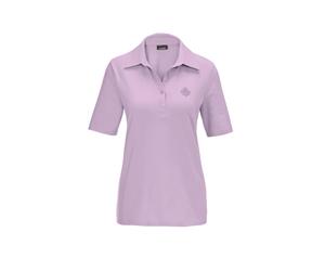 Poloshirt GOLDNER "Kurzgröße Stretchbequemes Poloshirt", Damen, Gr. 22, lila (flieder), Obermaterial: 95% Baumwolle CO. 5% Elasthan EL., Tubular, Shirts, Tonige Knöpfe in Perlmuttoptik (45819126-22) f