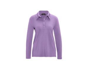 Poloshirt GOLDNER "Langarm Poloshirt mit Schmuckband an Knopfleiste", Damen, Gr. 48, lila (flieder), Obermaterial: 95% Modal CMD. 5% Elasthan EL., Sonstiges, Shirts, Ohne (48136832-48) flieder