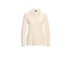 Poloshirt GOLDNER "Langarm Poloshirt mit Schmuckband an Knopfleiste", Damen, Gr. 52, beige (cremeweiß), Obermaterial: 95% Modal CMD. 5% Elasthan EL., Sonstiges, Shirts, Ohne (84602707-52) cremeweiß