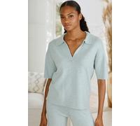 Poloshirt LASCANA, Damen, Gr. 32/34, blau (mint), Feinstrick, Obermaterial: 50% Viskose (LENZING™ ECOVERO™), 28% Polyester, 22% Polyamid, meliert, bequem hüftlang, V-Ausschnitt, normaler Saum, Shirts,