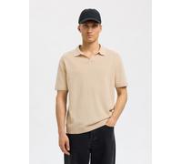 Poloshirt SELECTED "SLHMATTIS SS KNIT SUN OPEN POLO NOOS", Herren, Gr. L, beige (oatmeal), Strick, Obermaterial: 65% Baumwolle, 35% Leinen, unifarben, regular fit normal, ohne Ausschnitt, Bündchen, Sh