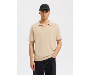 Poloshirt SELECTED "SLHMATTIS SS KNIT SUN OPEN POLO NOOS", Herren, Gr. L, beige (oatmeal), Strick, Obermaterial: 65% Baumwolle, 35% Leinen, unifarben, regular fit normal, ohne Ausschnitt, Bündchen, Sh