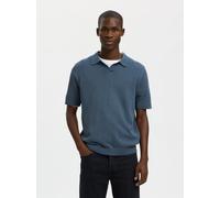 Poloshirt SELECTED "SLHMATTIS SS KNIT SUN OPEN POLO NOOS", Herren, Gr. M, blau mirage, Strick, Obermaterial: 65% Baumwolle, 35% Leinen, unifarben, regular fit normal, ohne Ausschnitt, Bündchen, Shirts