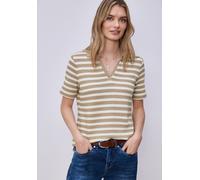 Poloshirt STREET ONE, Damen, Gr. 38, safari beige, Web, 65% Baumwolle, 35% Polyester, gestreift, normal normal, hoch geschlossener Ausschnitt, abgesteppt, Shirts (96892265-38) safari beige