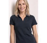 Poloshirt STREET ONE, Damen, Gr. 42, shadowed navy, Web, 97% Baumwolle, 3% Elasthan, unifarben, comfort fit normal, hoch geschlossener Ausschnitt, normaler Saum, Shirts, mit geschlitztem Rundhalsaussc
