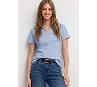 Poloshirt STREET ONE, Damen, Gr. 44, cashmere blau, Web, 97% Baumwolle, 3% Elasthan, unifarben, comfort fit normal, hoch geschlossener Ausschnitt, normaler Saum, Shirts, mit geschlitztem Rundhalsaussc