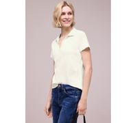 Poloshirt STREET ONE, Damen, Gr. 44, sanftes weiß, Web, 97% Baumwolle, 3% Elasthan, unifarben, comfort fit normal, hoch geschlossener Ausschnitt, normaler Saum, Shirts, mit geschlitztem Rundhalsaussch