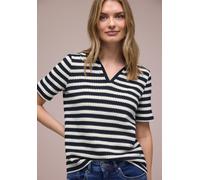 Poloshirt STREET ONE, Damen, Gr. 44, shadowed navy, Strick, Obermaterial: 65% Baumwolle, 35% Polyester, gestreift, normal hüftbedeckend, V-Ausschnitt, Shirts, Sommer-Strick-Polo mit Streifen (27743154