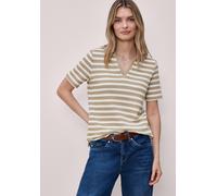 Poloshirt STREET ONE, Damen, Gr. 46, safari beige, Strick, Obermaterial: 65% Baumwolle, 35% Polyester, gestreift, normal hüftbedeckend, V-Ausschnitt, Shirts, Sommer-Strick-Polo mit Streifen (20913435-