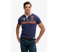 Poloshirt SUPERDRY "DOUBLE EMBLEM JERSEY SS RUGBY", Damen, Gr. M, navy, orange chest band stripe, Single Jersey, Obermaterial: 100% Baumwolle, gestreift, relaxed fit normal, Rundhals, Shirts, im anges