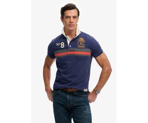 Poloshirt SUPERDRY "DOUBLE EMBLEM JERSEY SS RUGBY", Herren, Gr. M, blau (navy, orange chest band stripe), Single Jersey, Obermaterial: 100% Baumwolle, gestreift, relaxed fit normal, Rundhals, Shirts, 