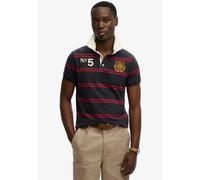 Poloshirt SUPERDRY "DOUBLE EMBLEM JERSEY SS RUGBY", Herren, Gr. XL, rot, navy stripe, Single Jersey, Obermaterial: 100% Baumwolle, gestreift, relaxed fit normal, Rundhals, Shirts, im angesagten Rugby