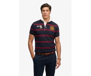 Poloshirt SUPERDRY "DOUBLE EMBLEM JERSEY SS RUGBY", Herren, Gr. XXL, navy, rot chest band stripe, Single Jersey, Obermaterial: 100% Baumwolle, gestreift, relaxed fit normal, Rundhals, Shirts, im anges
