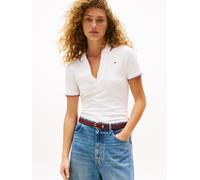 Poloshirt TOMMY HILFIGER "1985 TIPPING SLIM OPEN SS POLO", Damen, Gr. XXL (44), beige (ecru), Single Jersey, Obermaterial: 96% Baumwolle, 4% Elasthan, unifarben, slim fit normal, V-Ausschnitt, Shirts