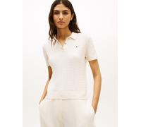 Poloshirt TOMMY HILFIGER "CO CABLE POLO-NK SS SWEATER", Damen, Gr. S (36/38), heather ivory petal, Single Jersey, Obermaterial: 100% Baumwolle, meliert, regular fit hüftbedeckend, Rundhals, Shirts, mi