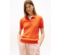 Poloshirt TOMMY HILFIGER "CO CABLE POLO-NK SS SWEATER", Damen, Gr. XL (42), orange (brilliant orange), Single Jersey, Obermaterial: 100% Baumwolle, unifarben, regular fit, Rundhals, Shirts, mit Zopfmu