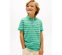 Poloshirt TOMMY HILFIGER "FLAG POLO SS", Jungen, Gr. 12 (152), bahama grün stripe, Single Jersey, Obermaterial: 100% Baumwolle, gestreift, regular fit normal, Rundhals, eingesetzt abgesteppte Kante, S