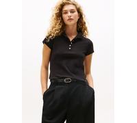 Poloshirt TOMMY HILFIGER "GOLD BUTTON SLIM SS POLO", Damen, Gr. L (40), schwarz, Single Jersey, Obermaterial: 96% Baumwolle, 4% Elasthan, unifarben, slim fit, Shirts, mit goldfarbenen Knopf (90106754-