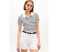 Poloshirt TOMMY HILFIGER "GOLD BUTTON SLIM SS POLO", Damen, Gr. L (42/44), breton stp ecru, schwarz night navy, Single Jersey, Obermaterial: 100% Baumwolle, gestreift, slim fit, Shirts (65886421-L) br
