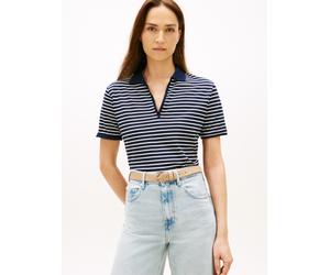 Poloshirt TOMMY HILFIGER "LYOCELL PIQUE OPEN-NK SS POLO", Damen, Gr. M (40), small brt stp schwarz night, ecru, Single Jersey, Obermaterial: 65% Lyocell, 32% Baumwolle, 3% Elasthan, gestreift, gerade