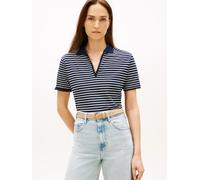 Poloshirt TOMMY HILFIGER "LYOCELL PIQUE OPEN-NK SS POLO", Damen, Gr. XS (34), small brt stp schwarz night, ecru, Single Jersey, Obermaterial: 65% Lyocell, 32% Baumwolle, 3% Elasthan, gestreift, gerade