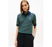 Poloshirt TOMMY HILFIGER "TH SCRIPT LYOCELL ZIP SS POLO", Damen, Gr. M (38), navy, nouv grün, calico multi stp, Single Jersey, Obermaterial: 65% Lyocell, 32% Baumwolle, 3% Elasthan, gestreift, regular