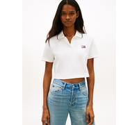 Poloshirt TOMMY JEANS "TJW CRP BADGE SHORT SLEEVE POLO", Damen, Gr. M (38), ecru, Piqué, Obermaterial: 97% Baumwolle, 3% Elasthan, unifarben, gerade taillenlang, V-Ausschnitt, abgesteppte Kante, Shirt