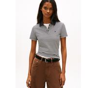 Poloshirt TOMMY JEANS "TJW SLIM ESSENTIAL POLO SHORT SLEEVE", Damen, Gr. XL (42), schwarz, ecru stripe, Piqué, Obermaterial: 97% Baumwolle, 3% Elasthan, gestreift, slim fit hüftlang, V-Ausschnitt, abg