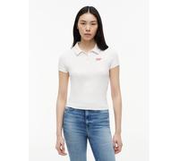 Poloshirt TOMMY JEANS "TJW SLIM RIB SCRIPT POLO", Damen, Gr. M (40), ecru, Single Jersey, Obermaterial: 95% Baumwolle, 5% Elasthan, unifarben, slim fit normal, Rundhals, Shirts, Baumwollmischung, slim