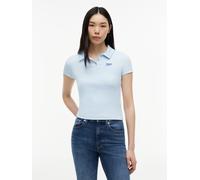 Poloshirt TOMMY JEANS "TJW SLIM RIB SCRIPT POLO", Damen, Gr. S (36/38), kingly blau, Single Jersey, Obermaterial: 95% Baumwolle, 5% Elasthan, unifarben, slim fit normal, Rundhals, Shirts, Baumwollmisc