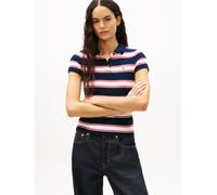Poloshirt TOMMY JEANS "TJW SLIM RIB SS POLO", Damen, Gr. M (38), blau (schwarz night navy, multi stripe), Single Jersey, Obermaterial: 95% Baumwolle, 5% Elasthan, gestreift, slim fit hüftlang, V-Aussc