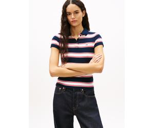 Poloshirt TOMMY JEANS "TJW SLIM RIB SS POLO", Damen, Gr. S (36), schwarz night navy, multi stripe, Single Jersey, Obermaterial: 95% Baumwolle, 5% Elasthan, gestreift, slim fit hüftlang, V-Ausschnitt,