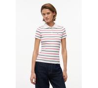 Poloshirt TOMMY JEANS "TJW SLIM RIB SS POLO", Damen, Gr. XL (46), weiß (ecru, multi stripe), Single Jersey, Obermaterial: 95% Baumwolle, 5% Elasthan, gestreift, slim fit hüftlang, V-Ausschnitt, Shirts
