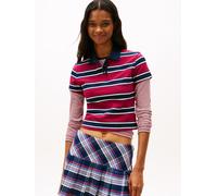 Poloshirt TOMMY JEANS "TJW SLIM SH ESSENTIAL SS POLO", Damen, Gr. XL (42), lavish cerise, multi stripe, Single Jersey, Obermaterial: 98% Baumwolle, 2% Elasthan, gestreift, slim fit, Shirts (75596235-X